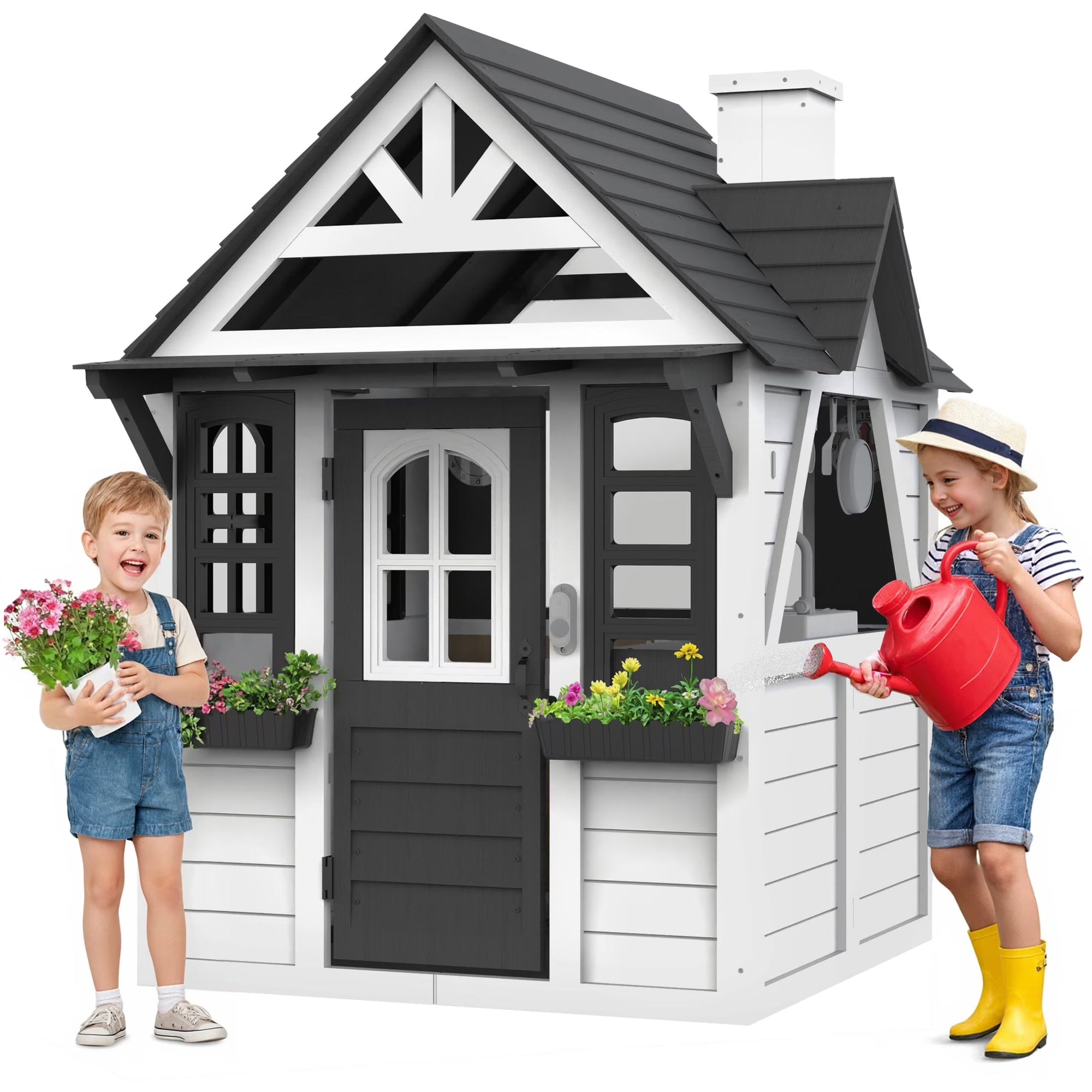 Outdoor Playhouse for Kids Ages 4-8, Wooden Play House with Doorbell, Phone, Kitchen Toys, Outdoor Kids Play Equipment, Casa Para Niñas (45”L x 65”H), White &amp; Black