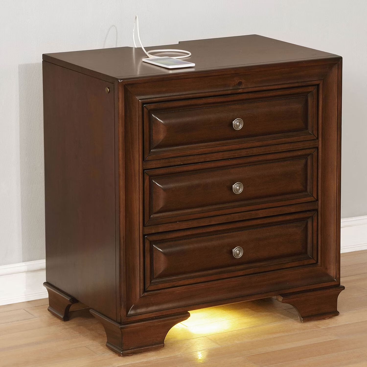 3 Drawers Nightstand in Brown Cherry Finish