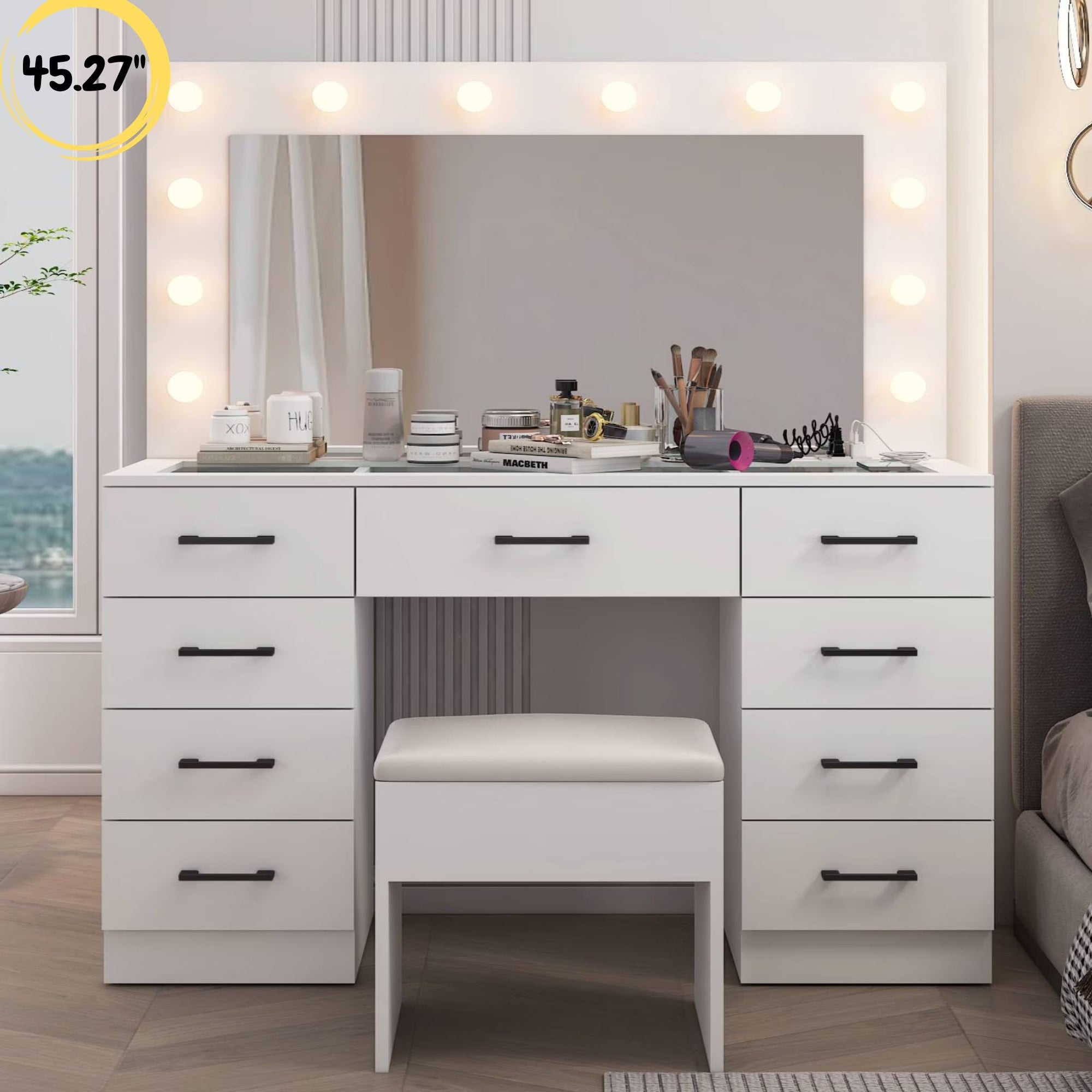 Large Makeup Vanity, Vanity Table Set w/ Visible Glass Top w/ Charging Station, White