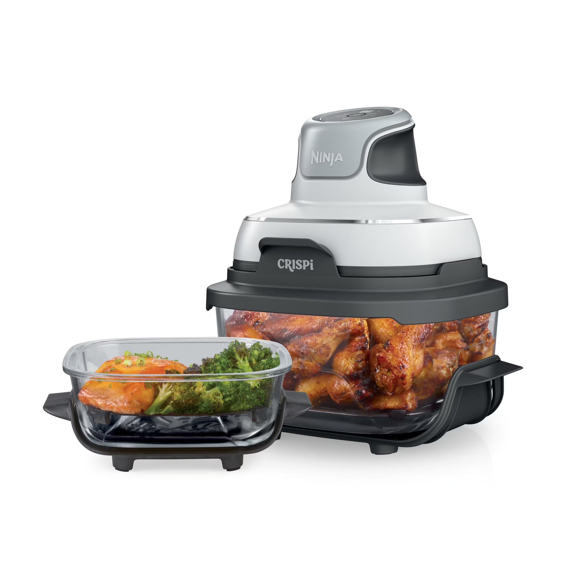 Crispi 3-in-1 Portable Glass Air Fryer Cooking System, 1500W, 4-Qt &amp; 5-Cup TempWare Glass Containers with Storage Lids, Microwave, Freezer &amp; Dishwasher Safe, White, FN100WH