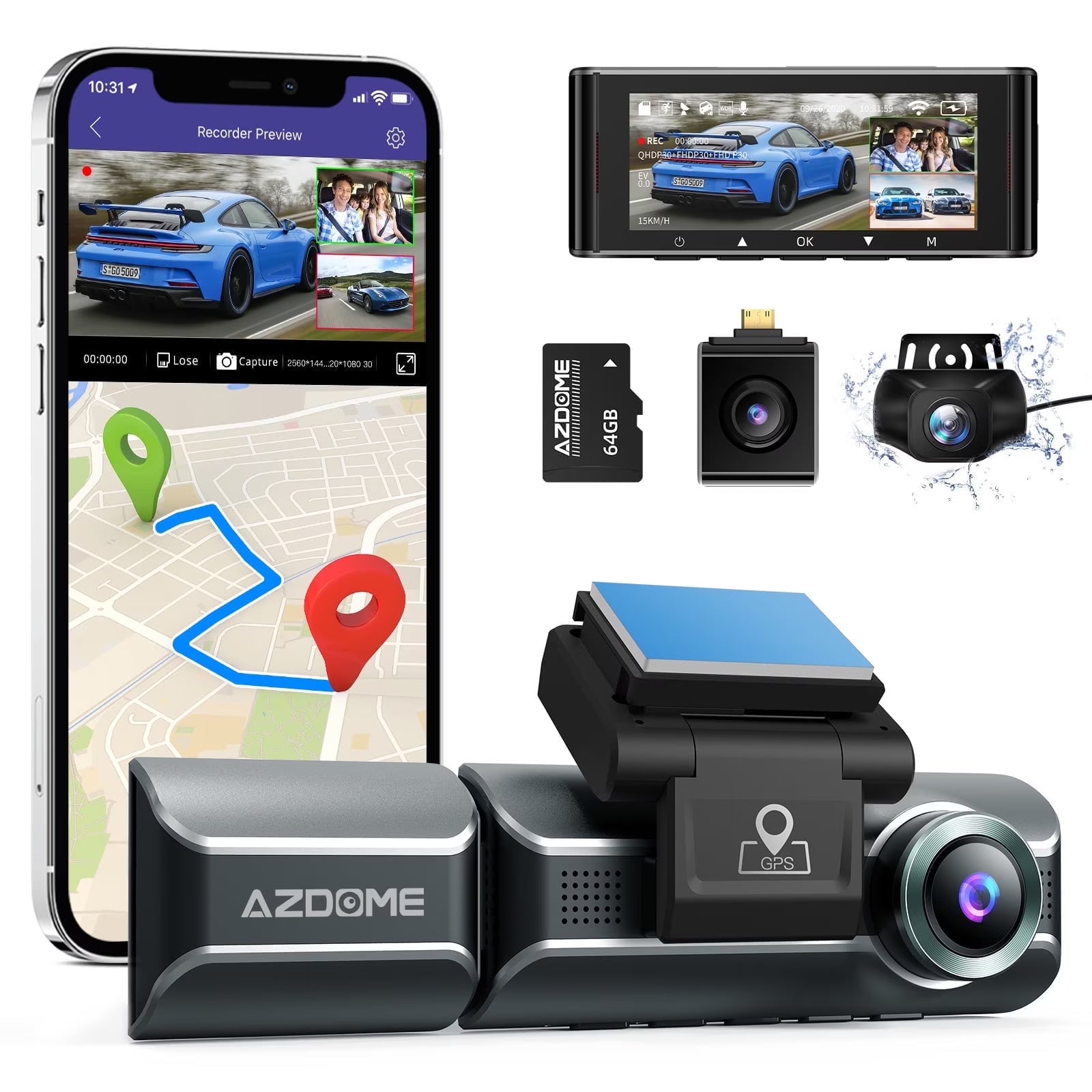 3 Channel Dash Cam with 4K WiFi , Dual Front and Rear for Car 4K+1080P Free 64GB Card, Built-in GPS 24H Parking Mode IR Night Vision WDR 3.19" IPS, Max up Support to 256GB, Easy to Install