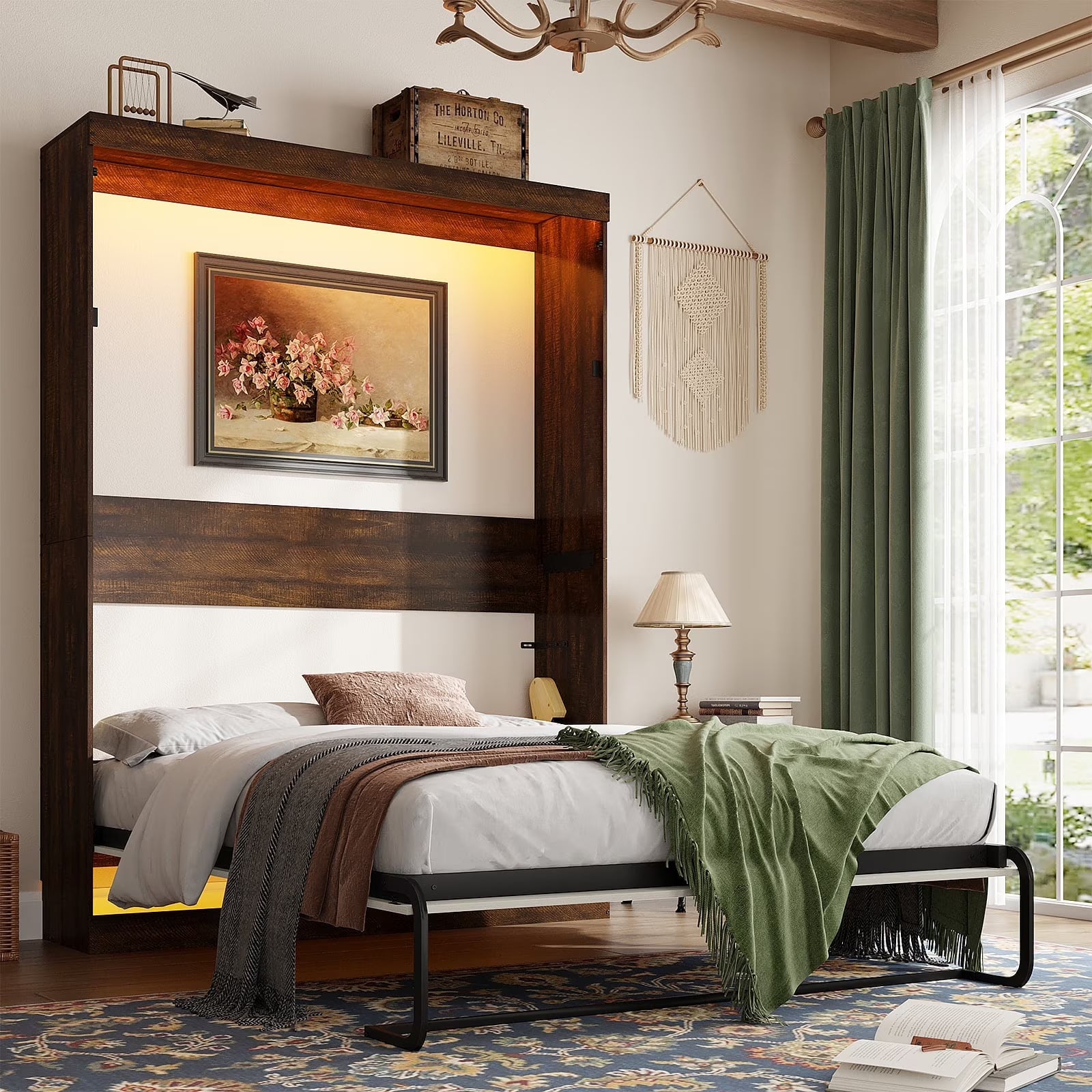 Queen Size Murphy Wall Bed with 2 LED Lights, Farmhouse Wood Space-Saving Hidden Folding Bed Chest, Multifunctional Storage Cabinet Bed with Gas Struts for Bedroom, Guest Room, Office