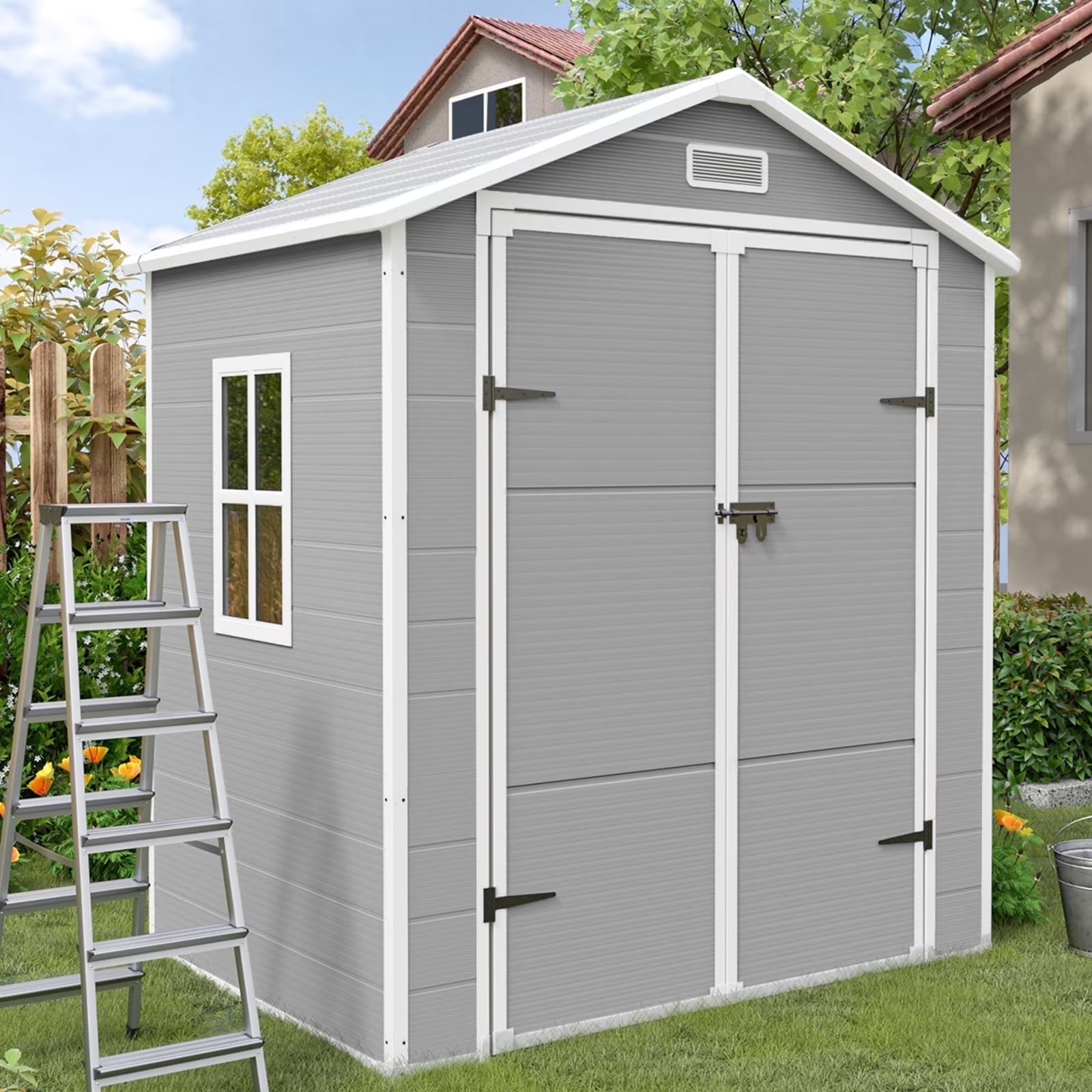 Outdoor Storage Shed 6x4.5 ft, Resin Outside Sheds &amp; Outdoor Storage Plastic for Trash Can, Bike, Lawnmower, Generator, Tool Shed with Lockable Door for Backyard, Lawn, Patio, Grey &amp; White