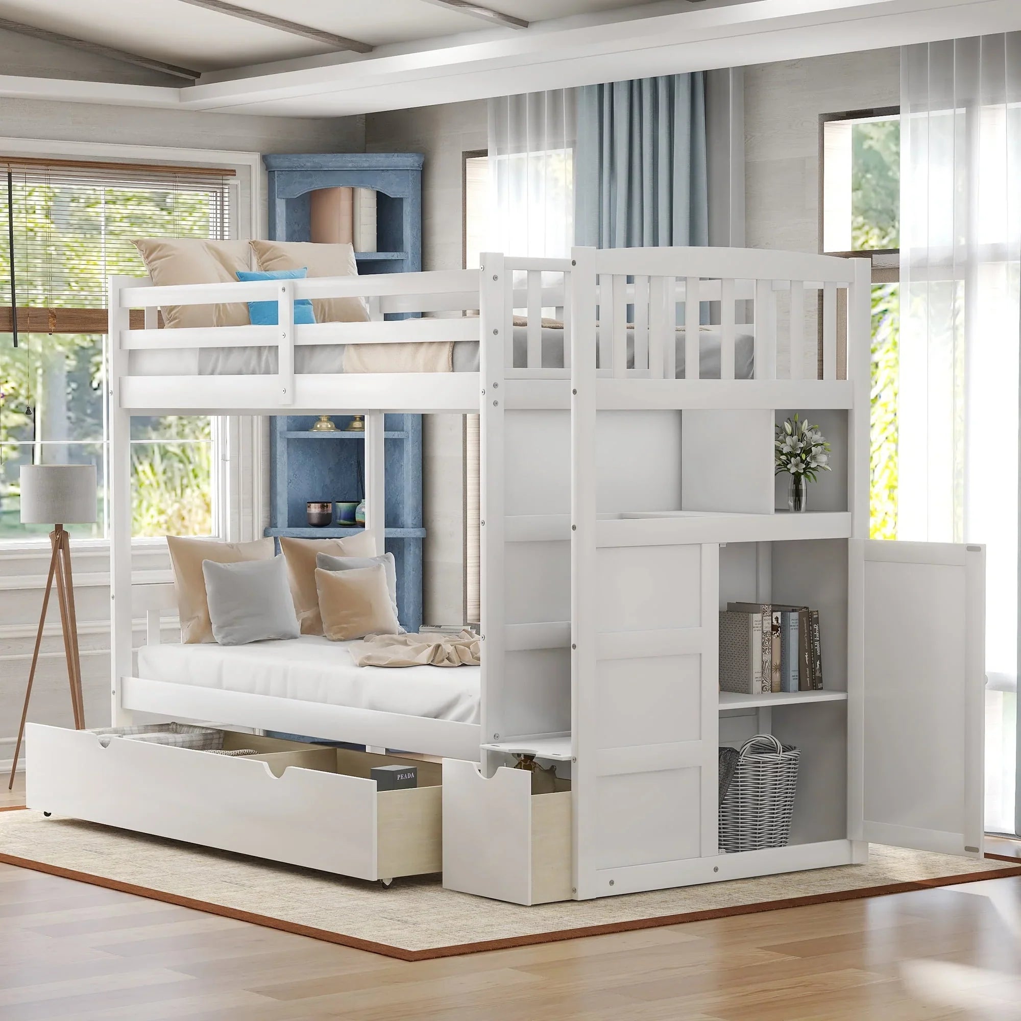 Euroco Twin over Twin Bunk Bed with Drawer and Cabinet for Kids Bedroom, White