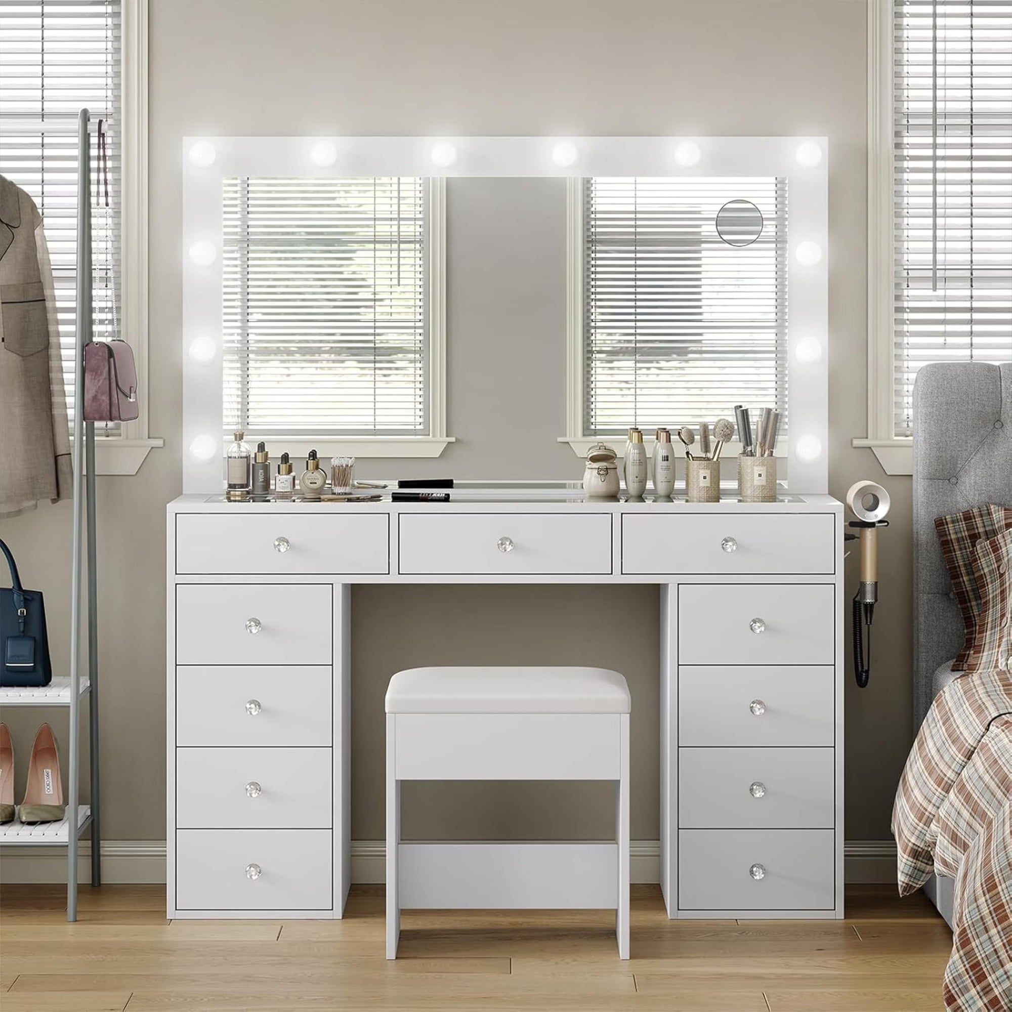 White Vanity Desk with Illuminated Mirror &amp; Power Outlet, 11 Drawers Vanity Table with Chair, Makeup Vanity with 12 LED Lights, Tempered Glass Top, Dressing Table for Bedroom,Dressing Room