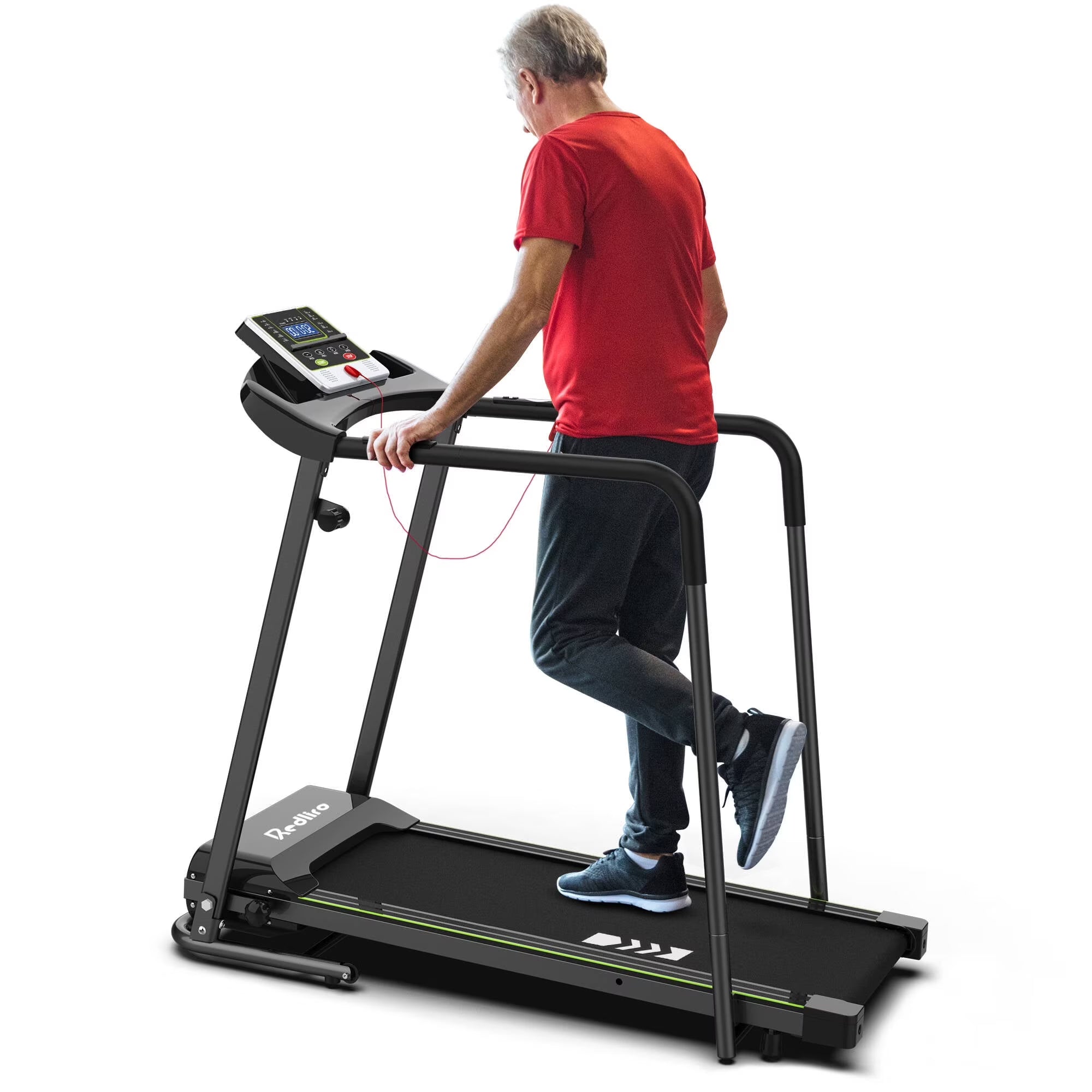 Treadmill for Seniors with Long Handrails - Recovery Treadmill for Walking 300 lbs Weight Capacity - Walking Treadmill Elderly with Desk &amp; Cup Holder (Glossy Black)