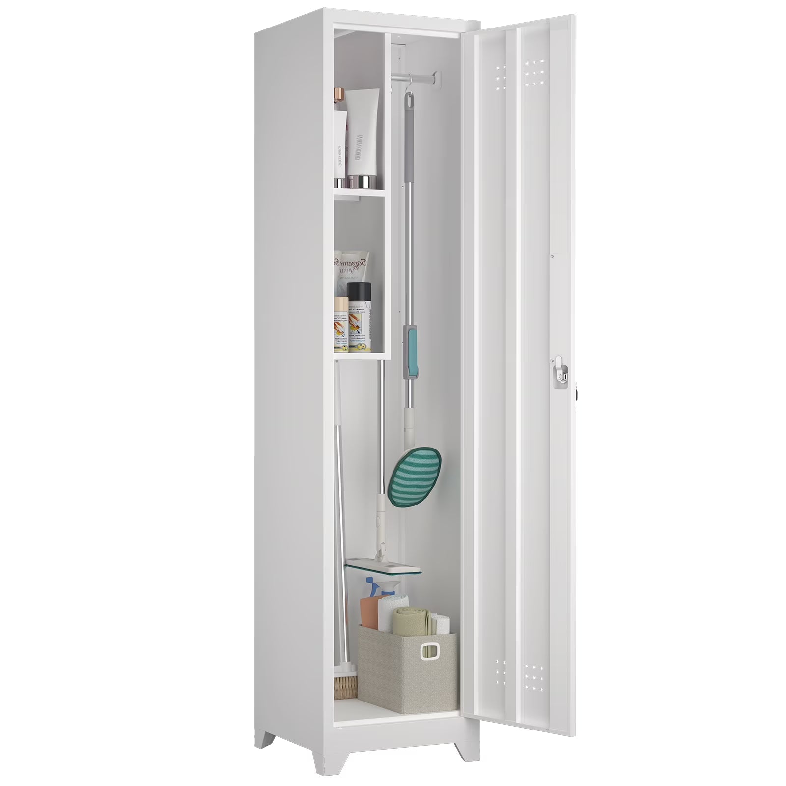 Slim Broom Storage Cabinet, Metal Cabinet with Shelves and Hanging Rod, 65" Utility Storage Cabinet with Locking Door, Tall Cleaning Storage Cabinet for Kitchen, Pantry, Office, Shop, Garage