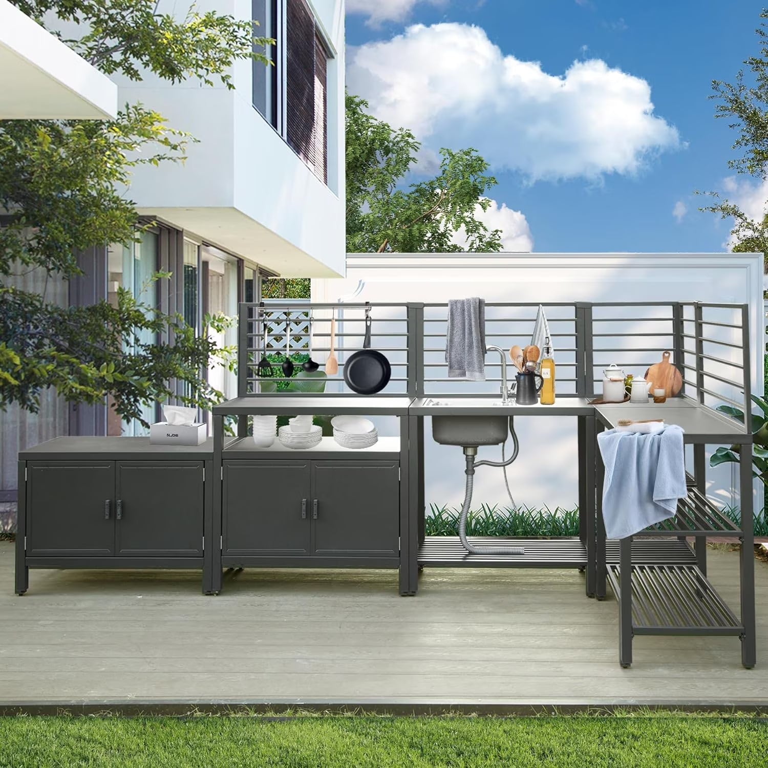 Domi Outdoor Kitchen Series 5-Piece Modular Outdoor Kitchen, Aluminum Storage Islands Sink Table, Corner Bar Cabinet Grill Storage Cabinet with Protective Cover, Outdoor Kitchen for Deck, Patio, Backy