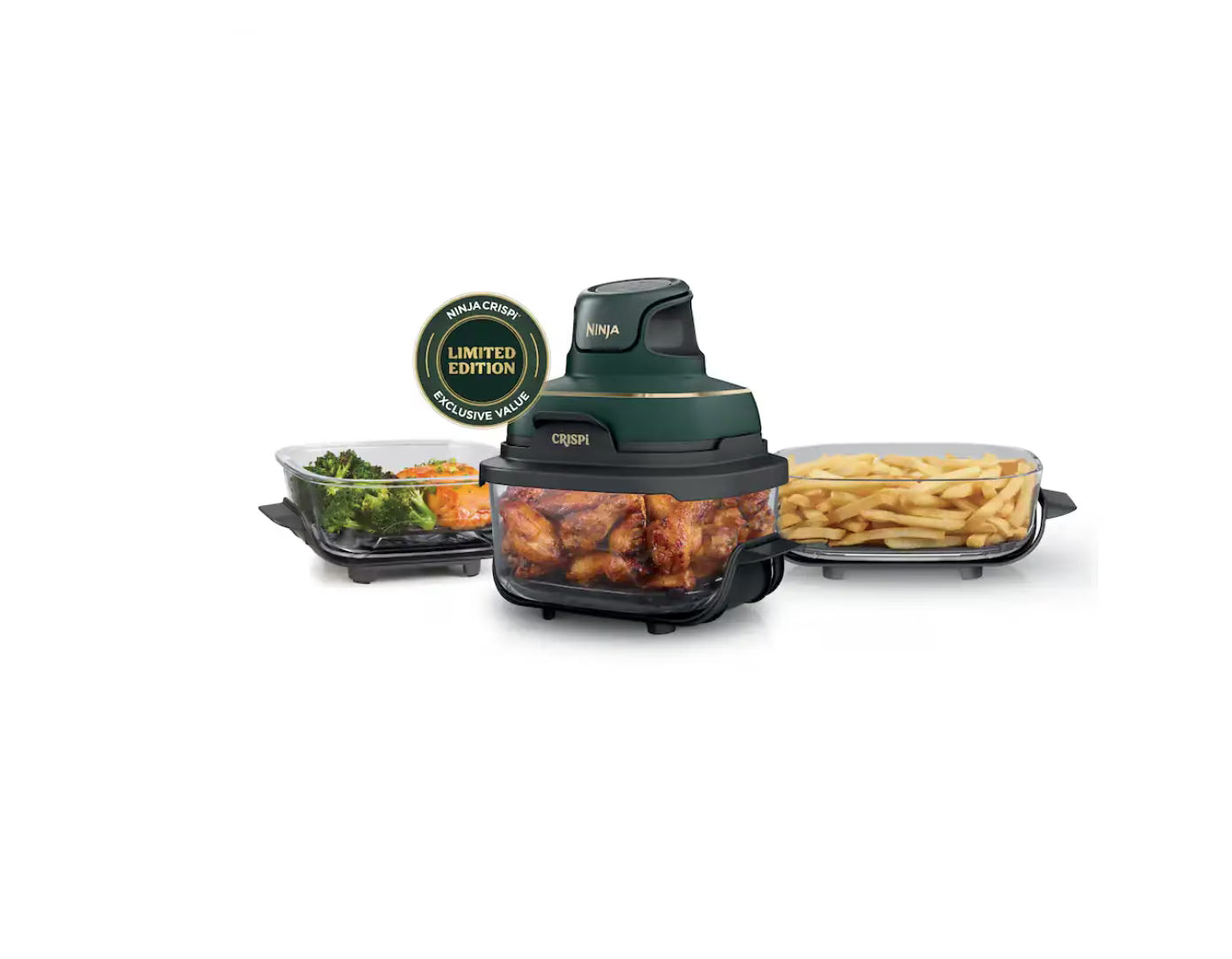 Crispi 5-in-1 Portable Glass Air Fryer Cooking System FN103BF, British Racing Green with Soft Gold Trim, 1500W, New