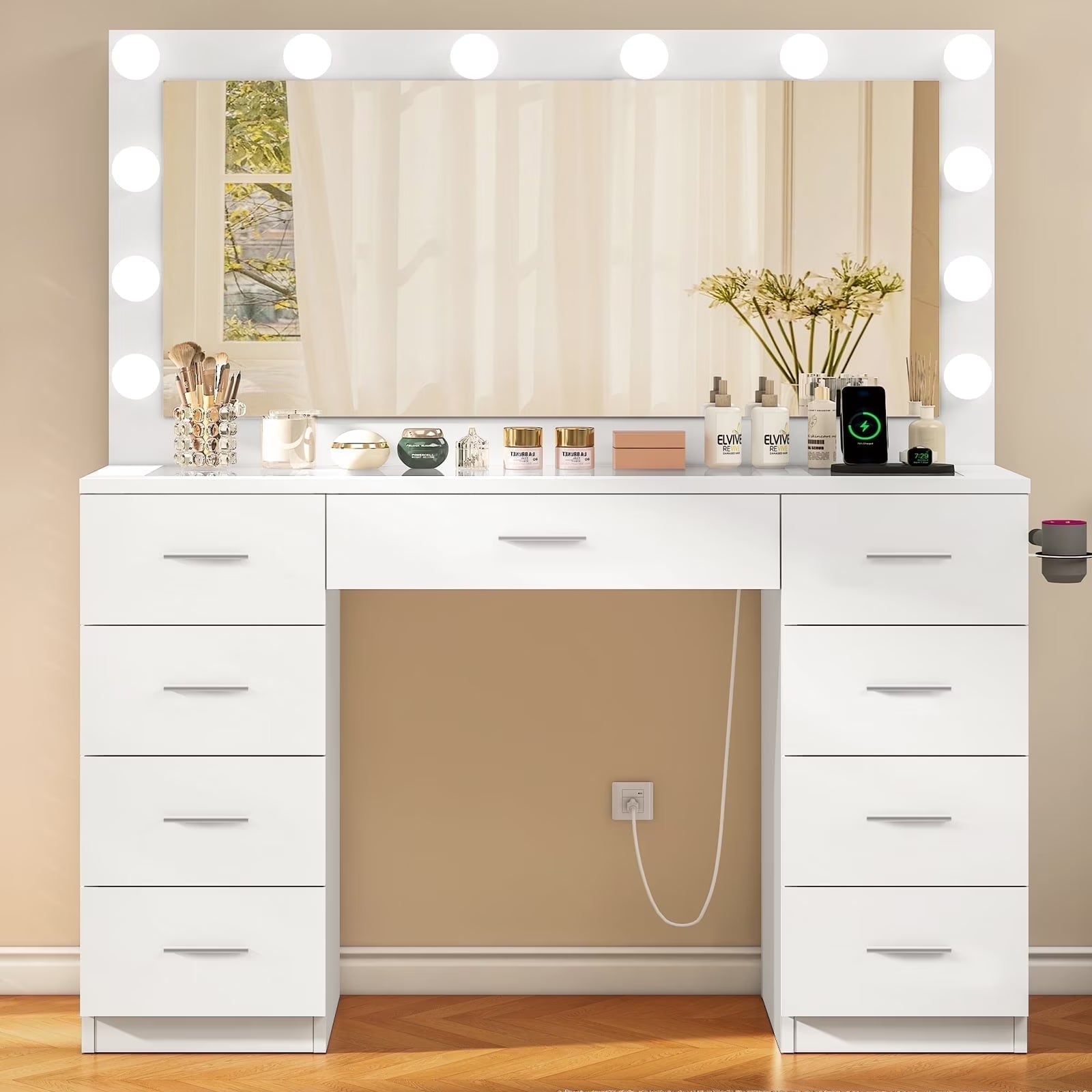 46" Vanity Desk with Large Lighted Mirror and Power Outlet, Makeup Vanity with 9 Drawers and Glass Desktop, Vanity Table for Bedroom, White