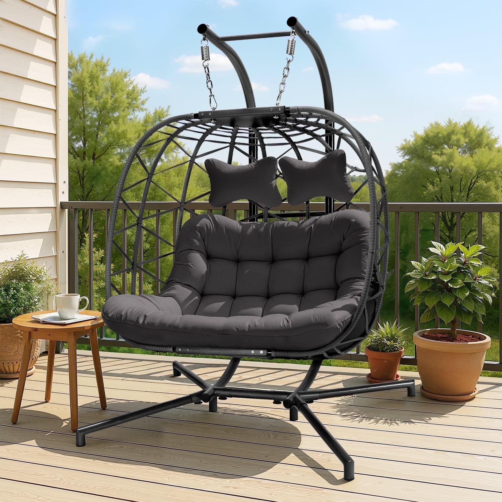 Double Wicker Egg Swing Chair with Stand, 2-Person Hanging Egg Chair for Indoor/Outdoor, 700lbs Capacity, Thick Cushions &amp; Headrest,Sturdy Metal FrameDark Gray