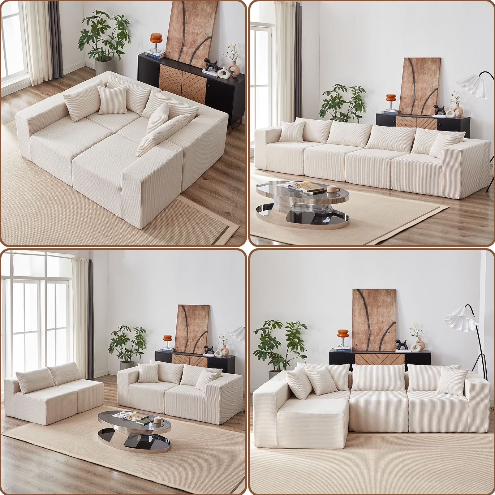 104-Inch Corduroy Modular L Shaped Sectional Sofa,Luxury Floor Couch Set,Upholstered Indoor Furniture,Foam-Filled Compressed Sofa for Living Room,Bedroom,4 PC Free Combination