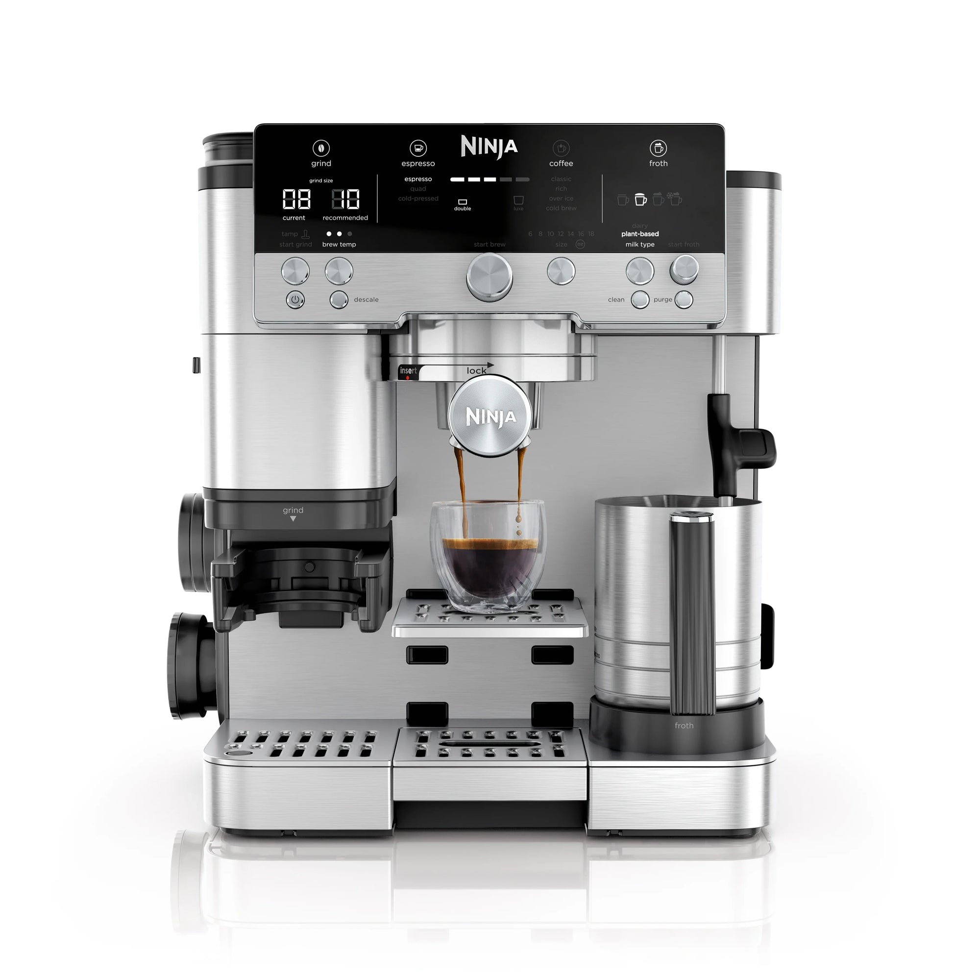 Luxe Cafe Premier Series, Stainless Steel Espresso Machine and Drip Coffee Maker with integrated Coffee Grinder and Milk Frother, ES601