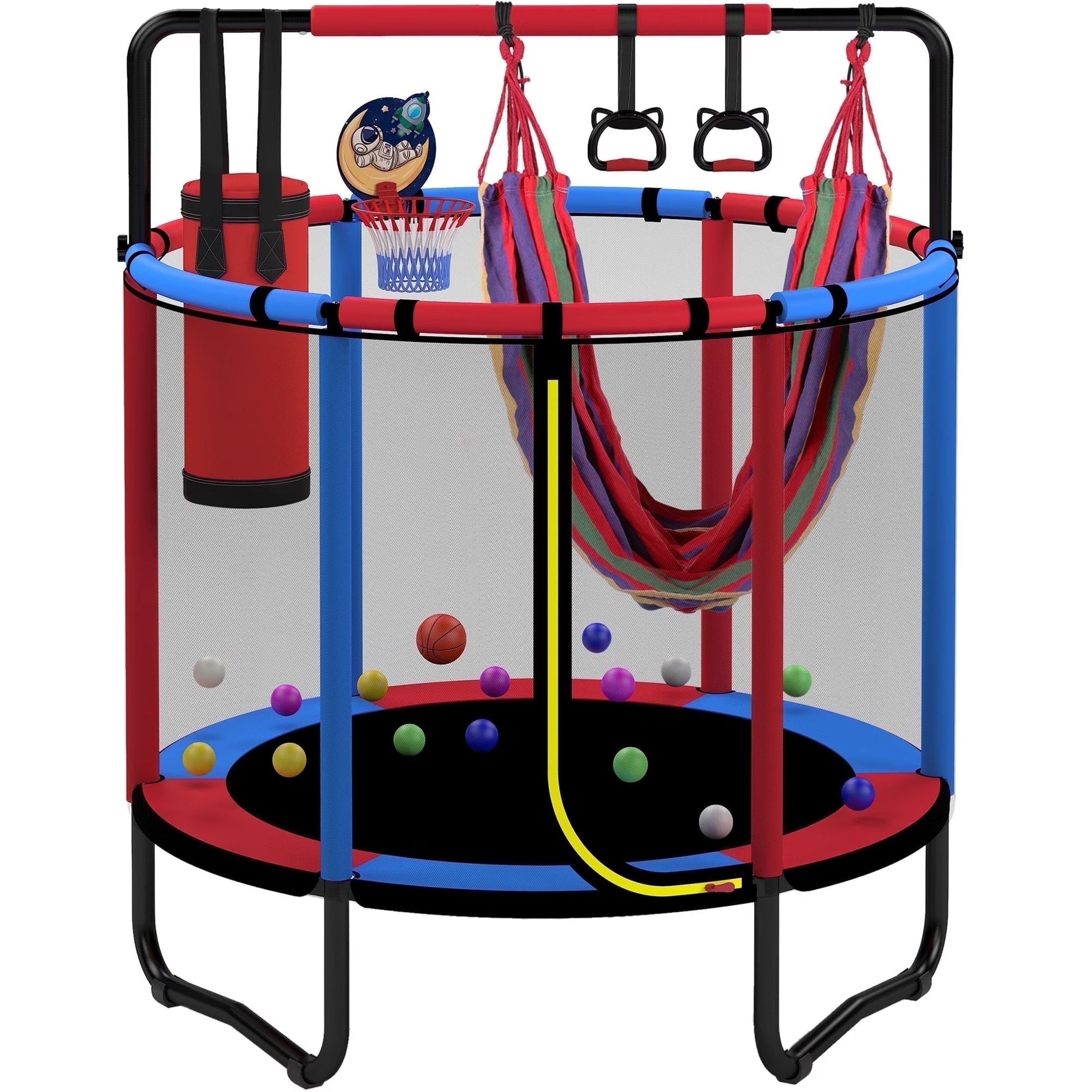 Mini Round Trampoline for Kids with Basketball Hoop, SEGMART 55'' Indoor Outdoor Toddler Trampoline with Enclosure Net, Swing, Sandbag, Ring, Ocean Balls, Small Trampoline Gift for Boys Girls, Blue