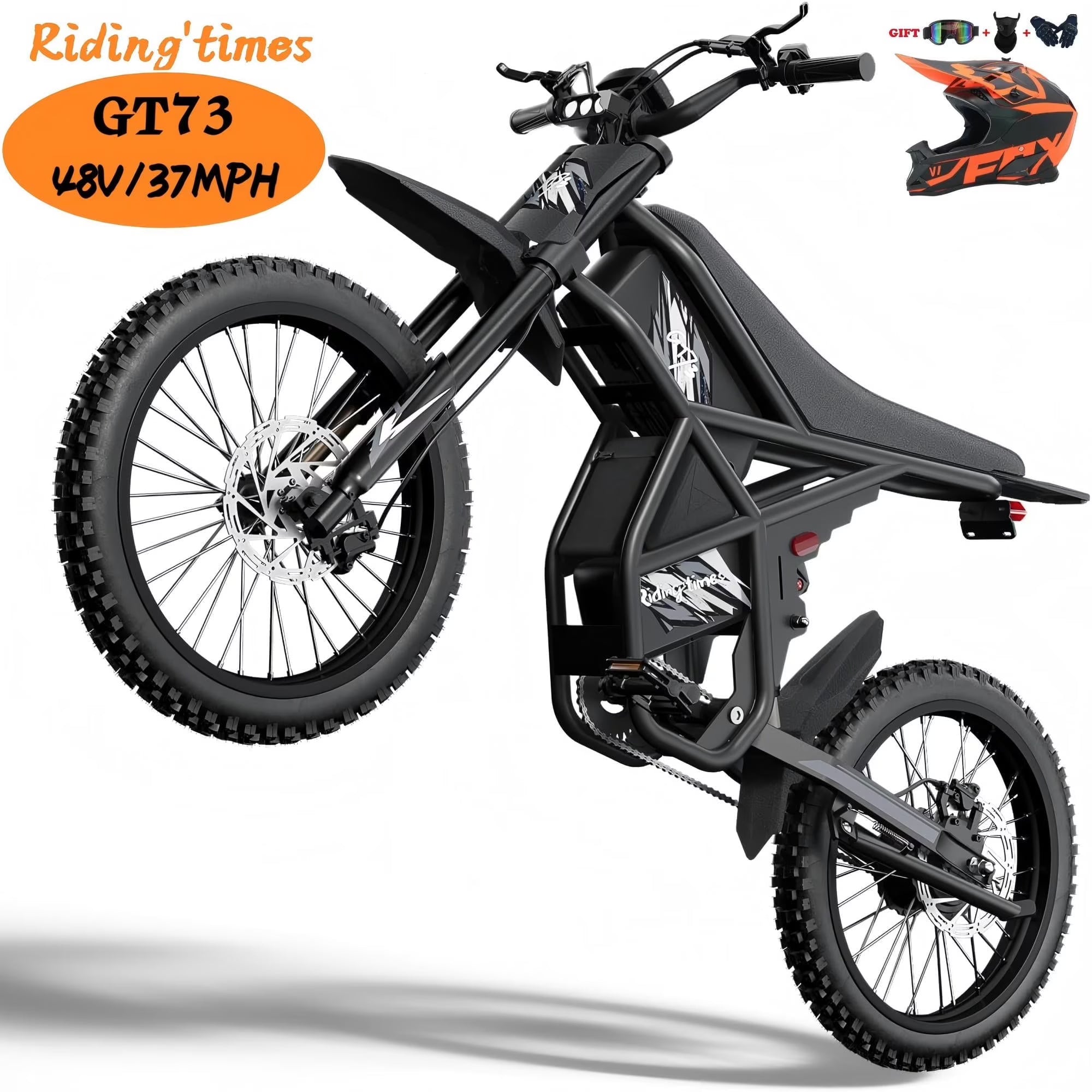 Ridingtimes GT73 Electric Dirt Bike for Adults 2400W 48V 37MPH 36.4AH Dual Battery 85 Miles Range 25" Tires UL2849 Certified