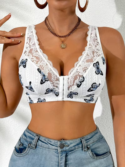 Women's Butterfly Print Lace Front Button Bra