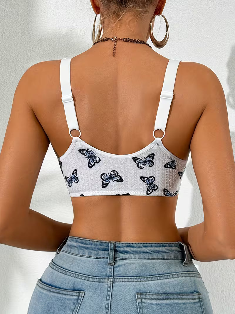 Women's Butterfly Print Lace Front Button Bra
