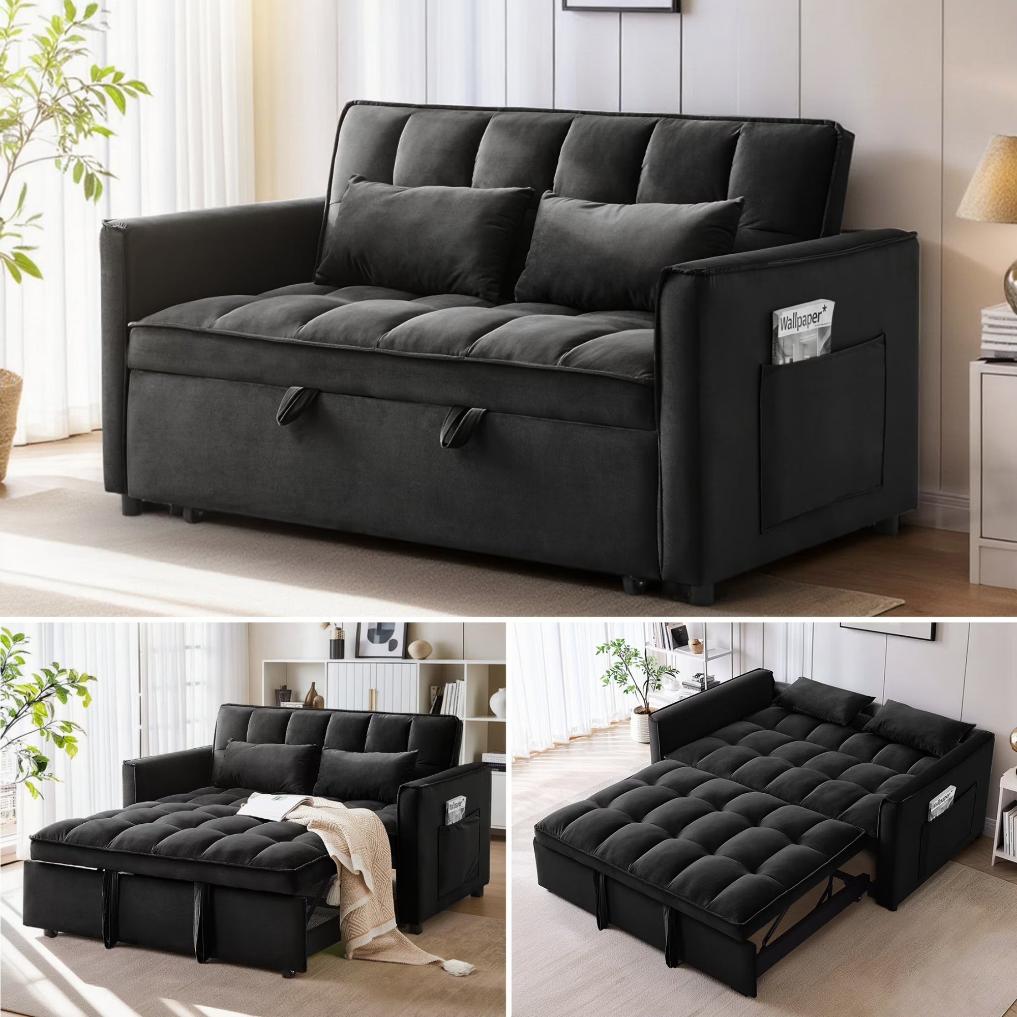 Convertible Sofa Bed, 3 in 1 Pull Out Sleeper Loveseat Couch with Storage, Black