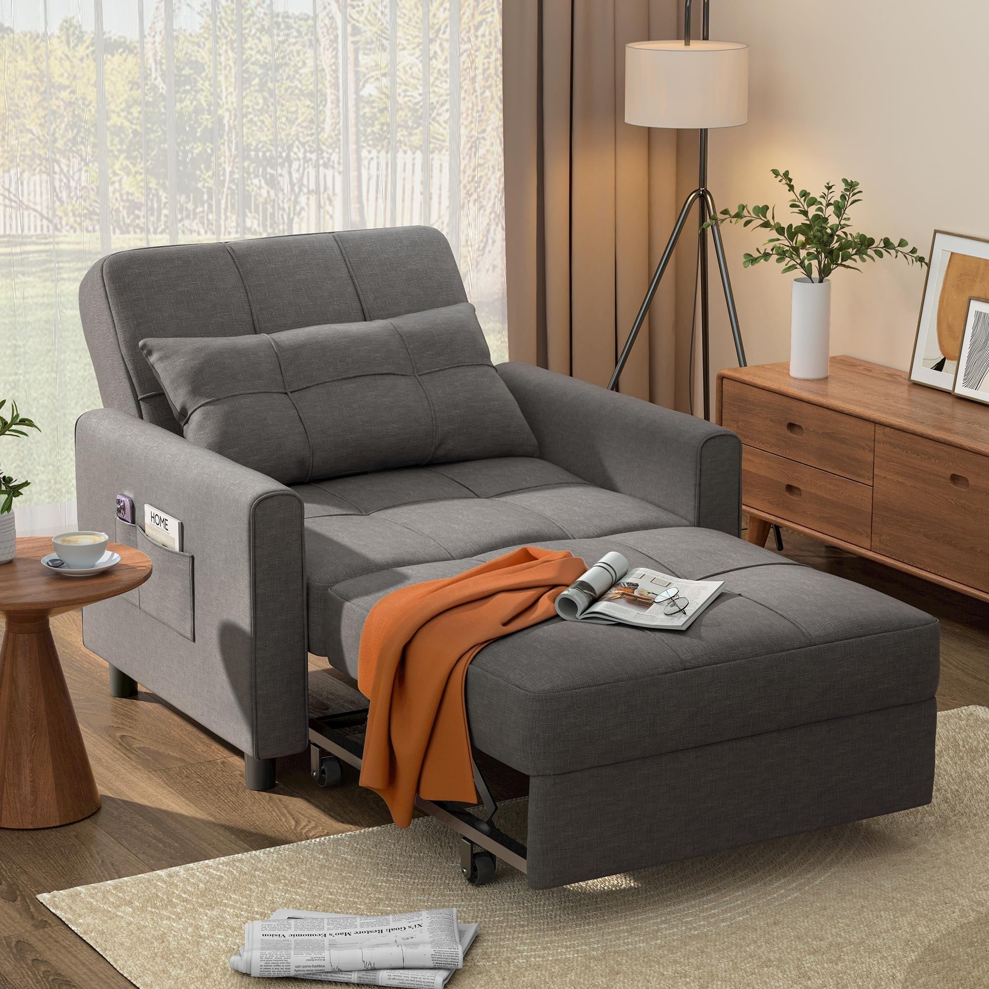 Convertible Sofa Bed, 73.6'' 3 in 1 Sleeper Chair Bed with Adjustable Backrest, Dark Gray