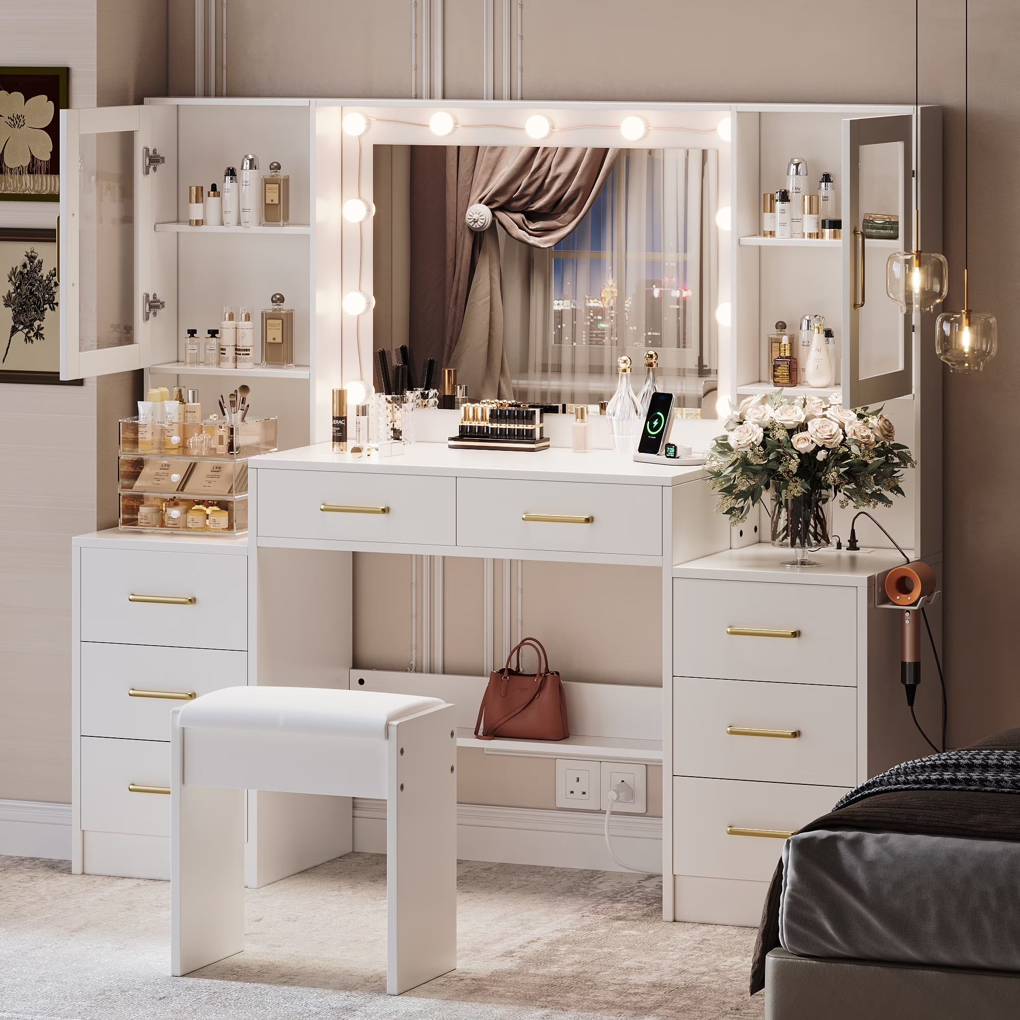 58.3" White Vanity Desk with Mirror, Adjustable Lighting, Power Outlet, Drawers, with Stool