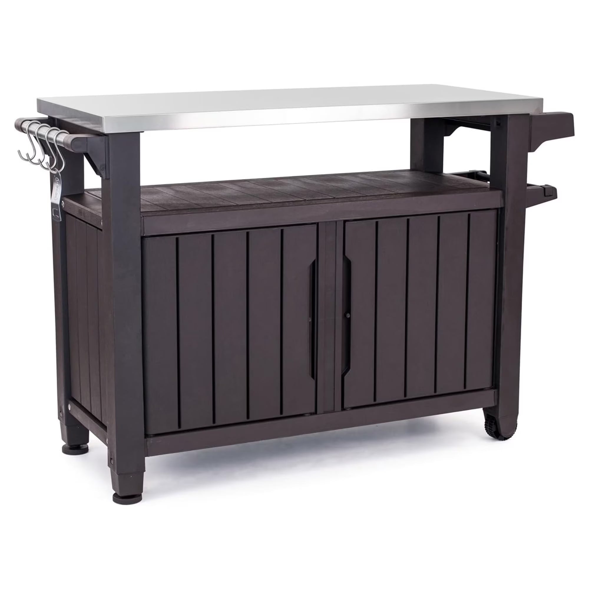 Unity XL Outdoor Durable Kitchen Rolling Bar Cart with Storage Cabinet, Brown