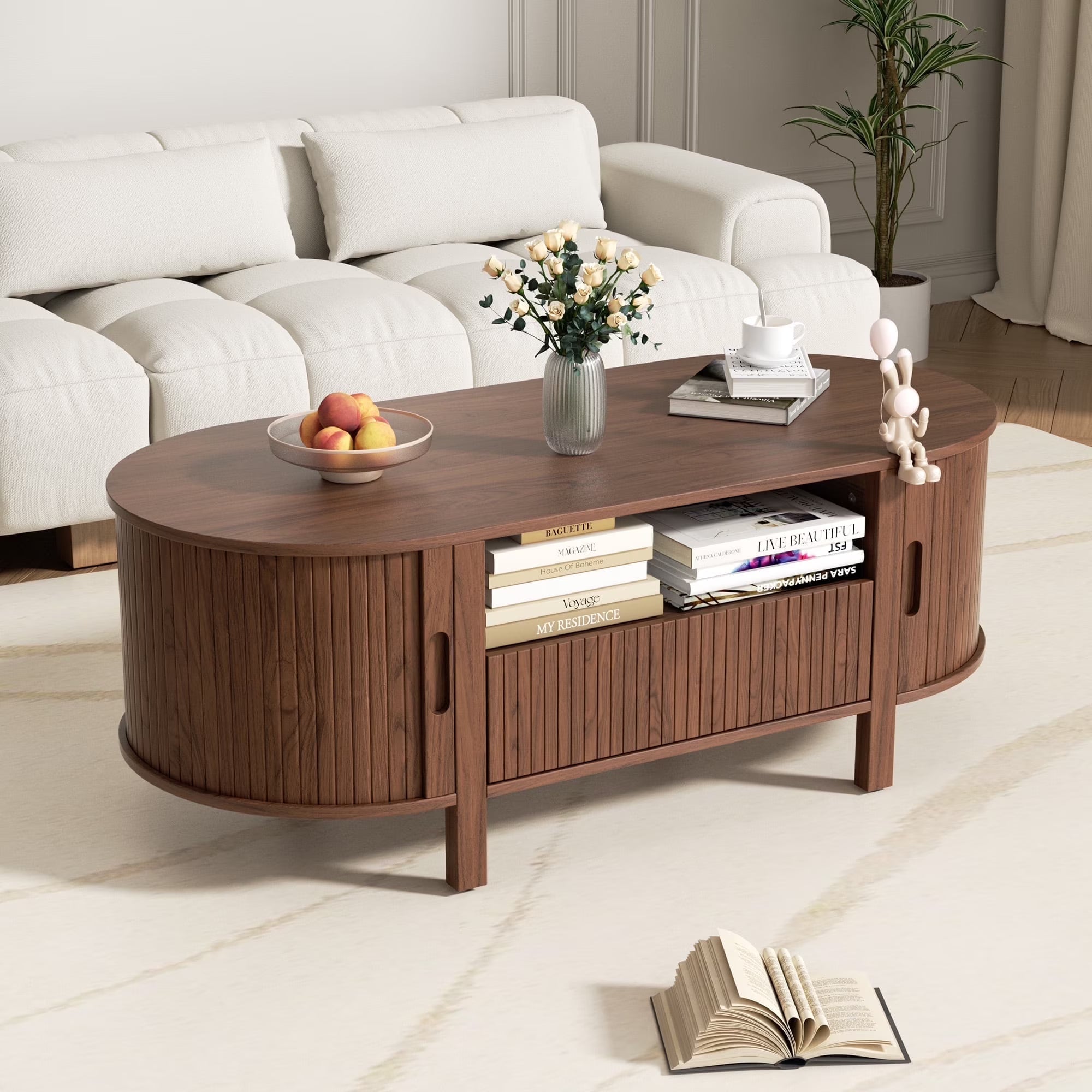 Coffee Table with Storage, Tambour Sliding Door, Open Shelf, Mid Century Modern Center Table with Drawer for Living Room, Walnut