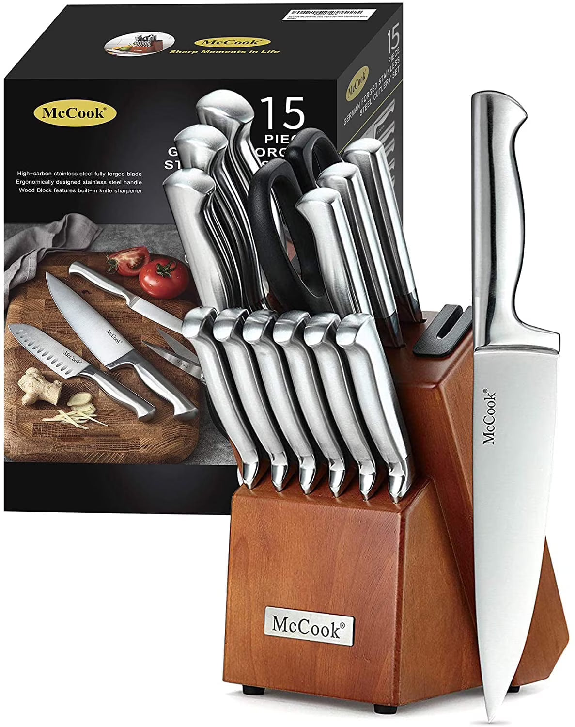 MC29 Knife Sets, 15 Pieces German Stainless Steel Kitchen Knife Block Sets with Built-in Sharpener