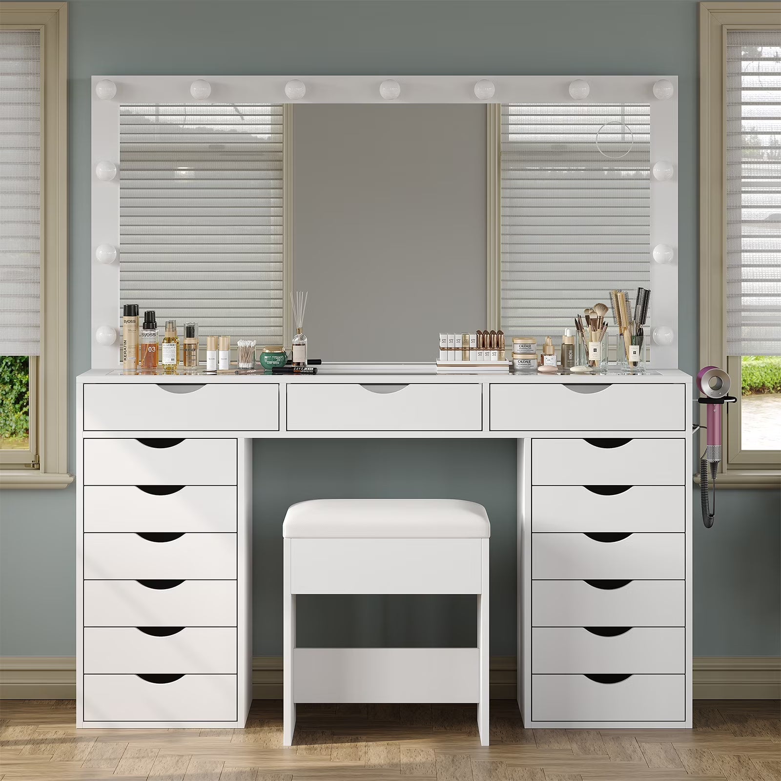 15 Drawers Vanity Desk with Power Outlet, Makeup Table with Mirror and 13 LED Lights, 3 Color Lighting Modes, Brightness Adjustable, Glass Top Dressing Table, Vanity Set for Bedroom