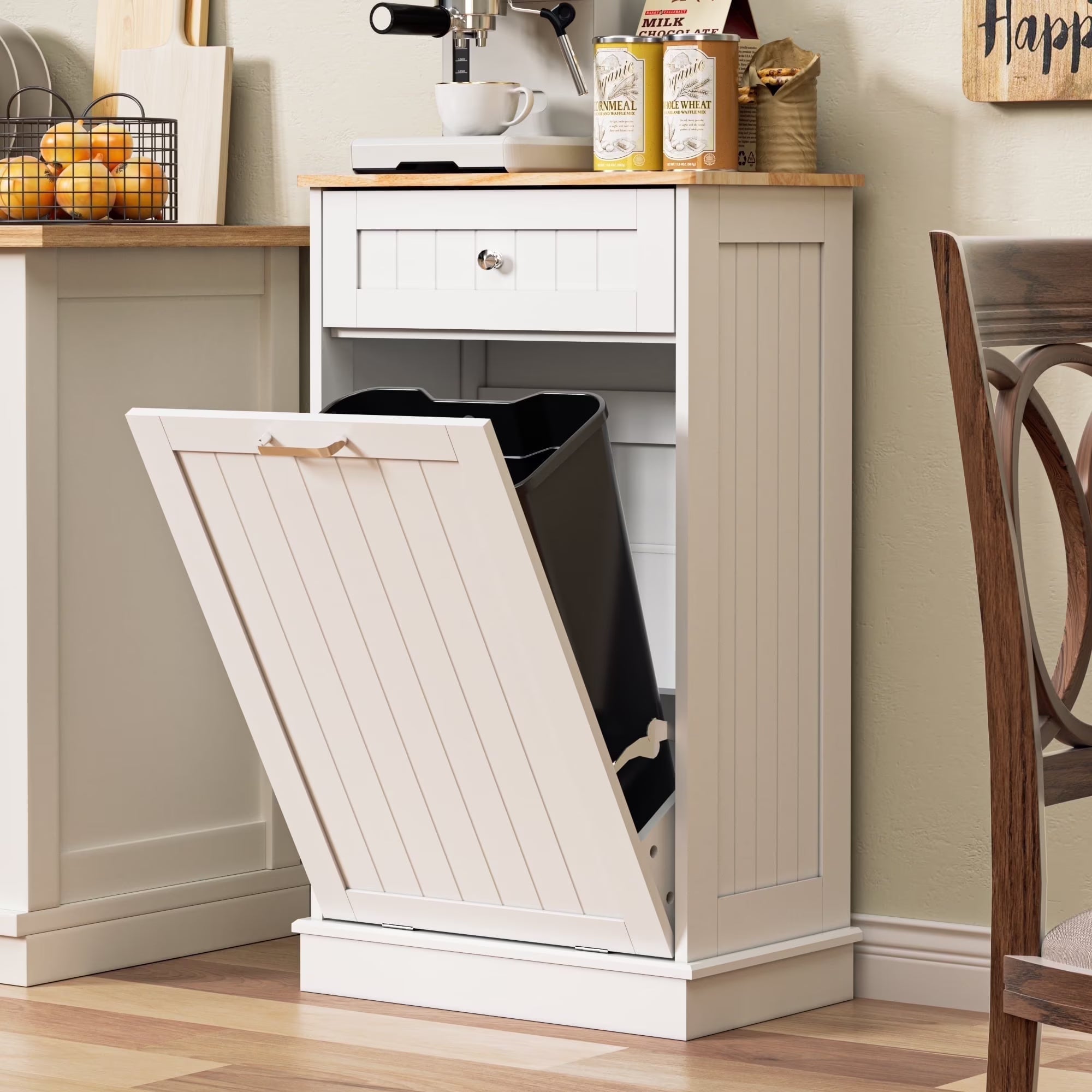 Single Tilt Out Trash Cabinet for 13 Gallon Waste Bin, Free Standing Kitchen Trash Can Cabinet with Drawers, White