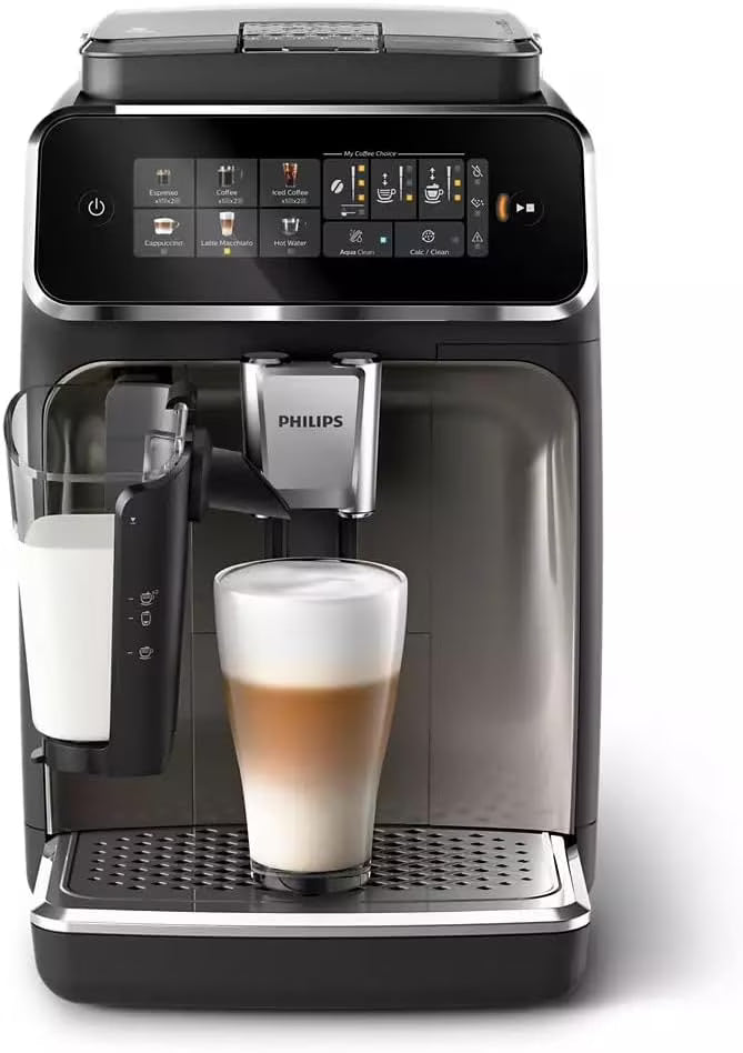 3300-Series Fully Automatic Espresso Machine - 6 Drinks, Modern Colour Touch Screen, LatteGo Milking System, SilentBrew, 100% Ceramic Grinder, AquaClean Filter. Black Chrome (EP3347/90)